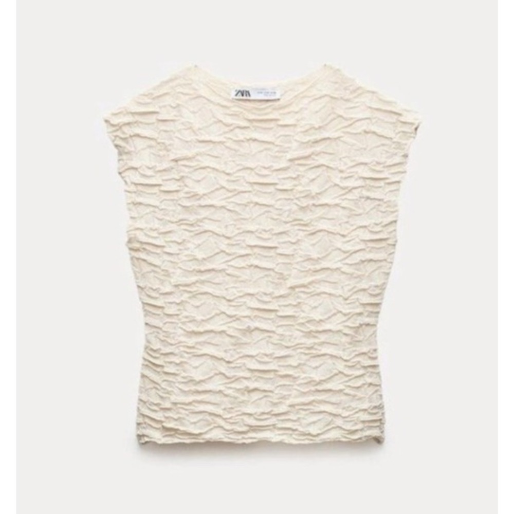 Zara Wrinkled Effect Textured Knit Semi Sheer Fitted Stretch Sculptural Beige M